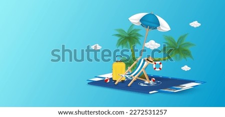 Deck chair sitting Beach umbrella and coconut tree with travel suitcase on passport air ticket. Banner for making tourism. Summer vacation concept. 3D Vector.