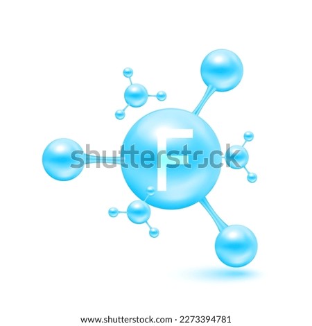 Fluorine mineral in the form of atoms molecules blue glossy. Fluorine icon 3D isolated on white background. Minerals vitamin complex. Medical and science concept. Vector EPS10 illustration.