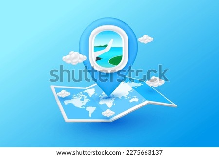 Flight window with location pin blue or Positioning pins on world map paper and cloud for making advertising media about tourism. Travel transport concept. Icon 3D realistic vector Illustration.