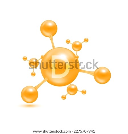 Vitamin D in the form of atoms molecules orange glossy. Icon 3D isolated on white background. Minerals vitamins complex. Medical and science concept. Vector EPS10 illustration.