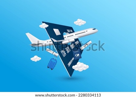 Airplane fly through credit card with air ticket passport luggage. Travel with credit card. Special privileges buy pay transfer money locally abroad all over the world. Transport concept. 3D Vector.