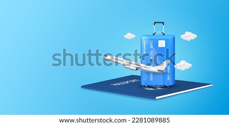 Travel with credit card. Credit card luggage blue on passport with airplane is taking off. Special privileges buy pay transfer money locally abroad all over the world. Transport concept. 3D Vector.