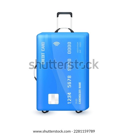 Travel with credit cards. Credit card suitcase blue on white background. Special privileges buy pay transfer money locally abroad all over the world. Transport concept. Icon 3D Vector.