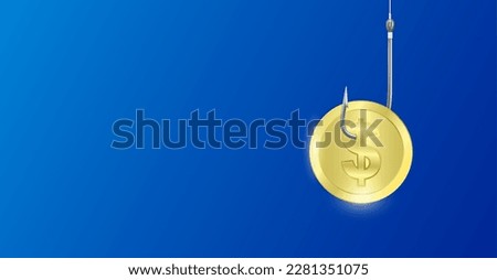 Dollar coin on the fishing hook with copy space for text. Money trap gold coin as bait. Business metaphor. About debt and making unrealistic profits. Investment finance concept. 3D vector