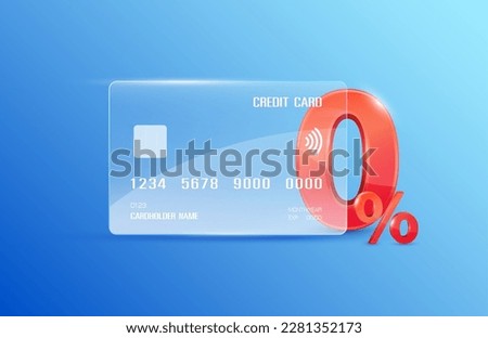 Red 0% text in credit card white transparent. Zero percent for special offer buy pay transfer money. Isolated on blue background. Financial business concept. 3D vector illustration.