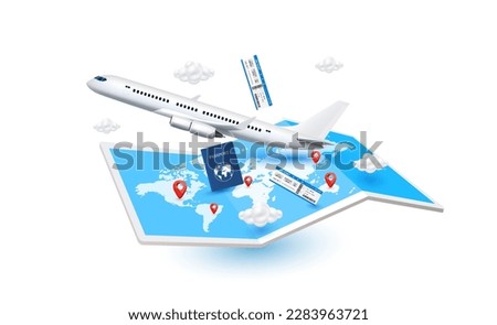 Positioning pins red on world map paper blue. Passport, Airplane is taking off isolated on white background. Travel transport concept. 3D Vector EPS10. For advertising media about tourism.
