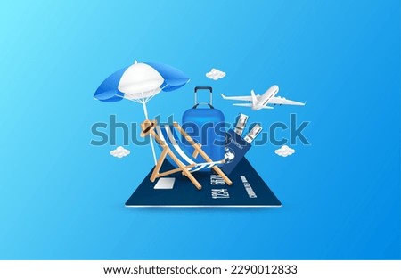 Deck chair umbrella and luggage, air ticket passport on credit card with airplane is taking off. Travel with credit card. Special privileges buy pay transfer money locally abroad. 3D Vector.