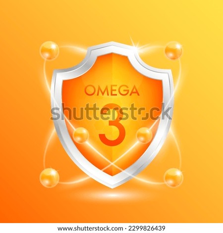 Omega 3 shield with orange atom. Vitamins and minerals nutrients protect the body stay healthy. For nutrition products food. Medical scientific concepts. 3D Vector illustration.
