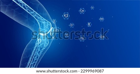 Leg bone side translucent low poly triangles on blue background with vitamins and minerals calcium zinc magnesium absorbed into the bone cartilage care bone knee joint. Used food ads media. Vector.