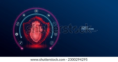 Heart medical healthcare. Human heart anatomy organ translucent low poly triangle inside shield futuristic glowing red on dark blue background. Immunity protection medical innovation concept. Vector.