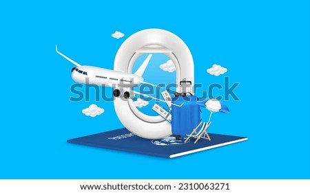 Luggage air ticket deck chair umbrella and airplane window on passports. Airplane is taking off with clouds. For media tourism advertising design. Holiday travel and Transport concept. 3D Vector EPS10