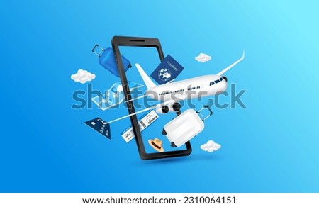 Airplane is taking off leave smartphone with Air ticket passport luggage map and credit card float away from. For advertising media about tourism. Travel transport concept. 3D Vector.