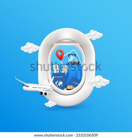Luggage, passports and air ticket in airplane window. Airplane is taking off with clouds. For media tourism advertising banner design. Holiday travel and Transport concept. 3D Vector EPS10.