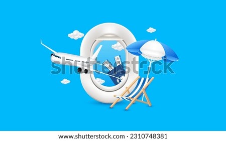 Airplane is taking off with clouds. Air ticket deck chair umbrella and airplane window on passports. For media tourism advertising design. Holiday travel and Transport concept. 3D Vector EPS10