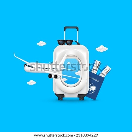 Airplane window on luggage white with black sunglasses, air ticket and passports blue placed the side. Airplane is taking off. For media tourism ad design. Holiday travel transport concept. 3D Vector.