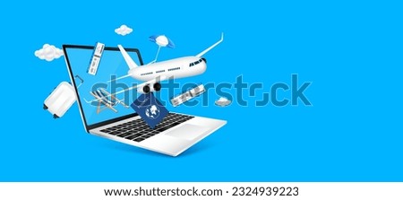 Laptop computer with airplane taking off with space for text. Deck chair umbrella luggage, air ticket and passports. Search to travel destination accommodation, booking flight online. 3D Vector EPS10.