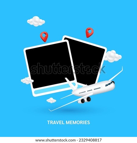 Airplane is taking off in front of black blank photos frame with copy space. Clouds floating beside Isolated on blue background. Travel memories record concept. Empty photos 3D Vector EPS10.
