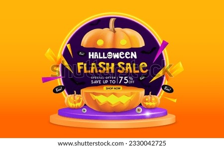 Halloween flash sale 75% off inside orange half pumpkin and thunder on podium. Pumpkins ghost and black bat silhouette. Banner shopping template design for social media promotion. 3D Vector.