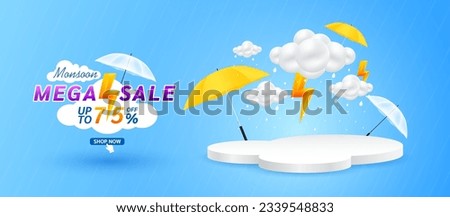 Monsoon mega sale 75 percent and yellow thunder on cloud. Shopping under umbrella in rain with special offer sale campaign promotion. For social media ads with blank product rainbow podium scene.