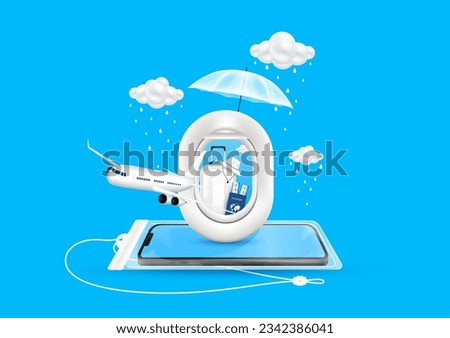 Travel rainy season. Monsoon cloud with water droplets falling. Airplane is taking off. Ticket, passports and luggage bag in airplane window with umbrella on smartphone in waterproof pouch. 3D Vector.