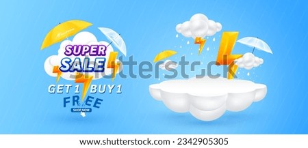 Monsoon super sale. Get 1 Buy 1 Free with yellow thunder sign on clouds. Shopping under umbrella in rain with special offer sale campaign promotion. For ads with blank product podium scene. 3D Vector.