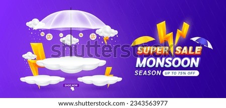 Monsoon super sale 75 percent. Yellow thunder sign on clouds. Shopping under umbrella in rain with special offer sale campaign promotion. For social media ads with blank product podium scene. Vector.