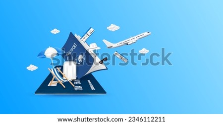 White luggage bag, air ticket float away from passport with airplane is taking off and cloud on credit card. For media tourism ad design. Travel transport concept. 3D Vector EPS10.
