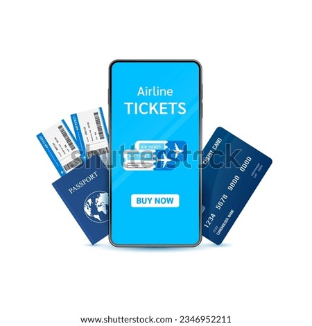 Passport air ticket and credit card smartphone in front. Book plane tickets by phone. Special privileges buy pay transfer money locally abroad. Travel transport concept. 3D Vector EPS10.