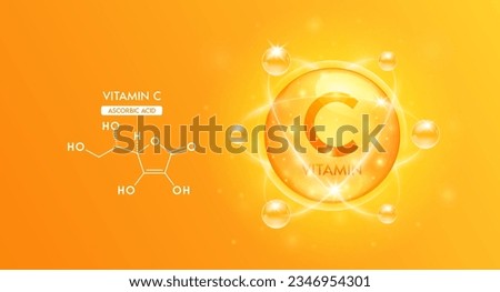 Vitamin C with structure chemical formula. Bubble collagen serum orange and Vitamins complex for cosmetics design. Medical concepts. Beauty treatment nutrition skincare. 3D Vector.