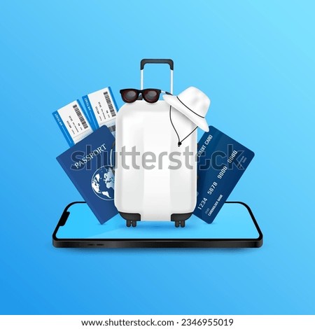 Passport air ticket credit card on smartphone. Luggage bag in front. For media tourism ads design. Special privileges buy pay transfer money locally abroad. Travel transport concept. 3D Vector EPS10.
