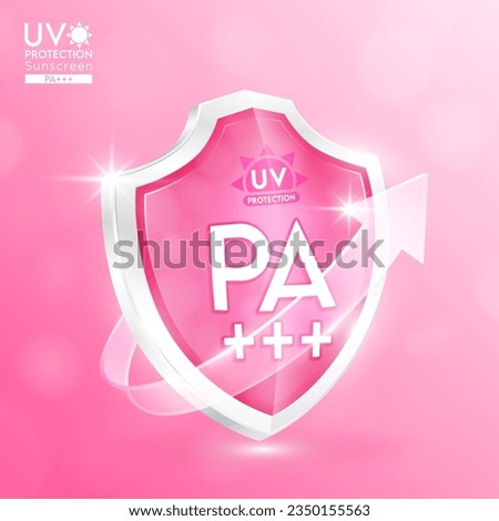 UV protection PA+ pink shield and clear glass arrows. Reflect light force field prevents of sunlight. For products design sunscreen ultraviolet UVA or cream skin care your skin. Icon 3D vector.