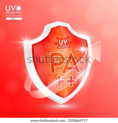 UV protection PA+ red shield and clear glass arrows. Reflect light force field prevents of sunlight. For products design sunscreen ultraviolet UVA or cream skin care your skin. Icon 3D vector.