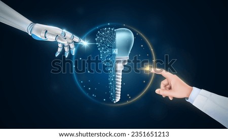 Hand of doctor and robot finger or cyborg artificial intelligence AI touching dental implant. Human organ virtual interface. Innovative technology in science medical health care futuristic. 3D Vector.