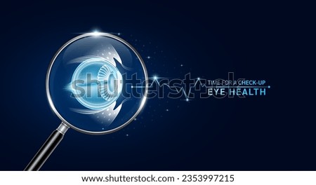 Eye inside magnifying glass with scan search. Health care medical check up too innovative futuristic digital technology. Body health checkup examining organ and blue glowing neon heart pulse. Vector.