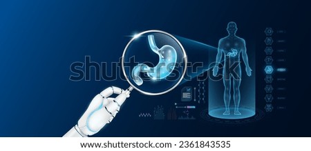 Doctor robot hand holding magnifying glass looking stomach analysis diagnosis with AI artificial intelligence technology. Anatomy hologram of the male body. Innovative medical healthcare. Vector.