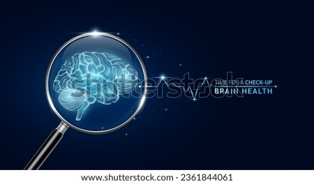 Brain inside magnifying glass with scan search. Health care medical check up too innovative futuristic digital technology. Body health checkup examining organ and blue glowing neon heart pulse. Vector