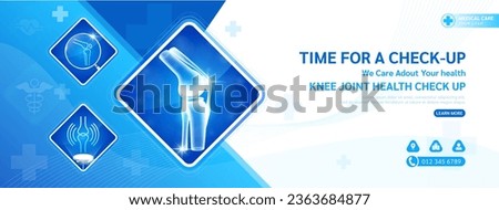 Medical banner social media health care for check up. Knee joint bone in square frame magnifying glass and stethoscope examining organ. Poster or background for medical ads website. Vector.