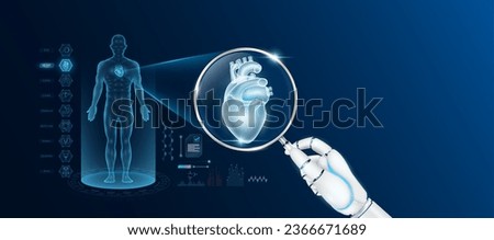 Doctor robot hand holding magnifying glass looking heart analysis diagnosis with AI artificial intelligence technology. Anatomy hologram of the male body. Innovative medical healthcare. Vector.