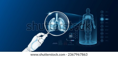 Doctor robot hand holding magnifying glass looking lung analysis diagnosis with AI artificial intelligence technology. Anatomy hologram of the male body. Innovative medical healthcare. Vector.