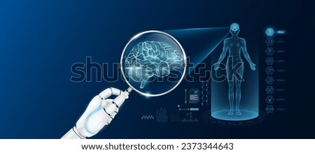 Doctor robot hand holding magnifying glass looking brain analysis and anatomy hologram of the female body. Diagnosis with AI artificial intelligence technology. Innovative medical healthcare. Vector