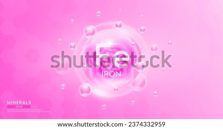 Iron minerals inside pink bubble floating in the air. Vitamins complex essential supplement to the health care. For food  nutrition and medicine. Science medical concept. Banner 3D vector.