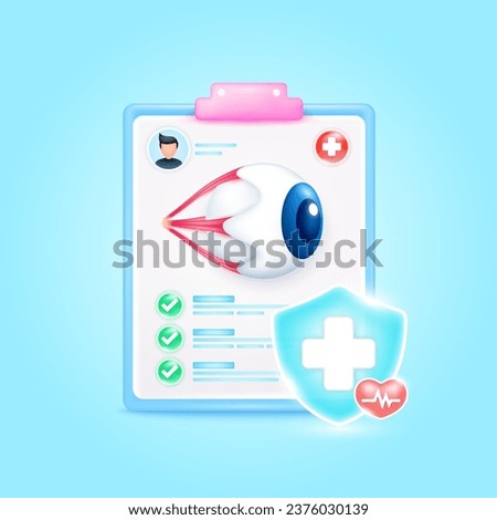 Medical document form board. Eyeball organ check up list for health doctor. Symbol cross in shield, red heart pulse line with check mark green button. Health care concept. 3d icon cartoon vector.