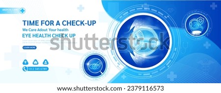 Medical banner website health care template social media design for check up. Eyeball in circle frame stethoscope and magnifying glass examining organ. Background or poster for medical ads. Vector.