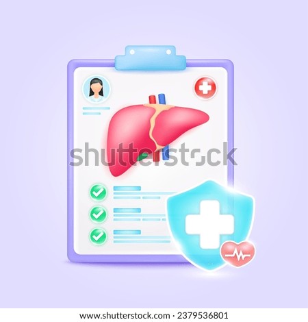 Medical document form board. Liver check up list for health doctor. Symbol cross in shield, red heart pulse line with check mark green button. Health care concept. 3d icon cartoon vector render