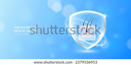 Hair skin inside glass shield glowing with medical icon sign symbol on blue bokeh lights background. Medical health care innovation immunity protection. Human anatomy organ translucent. Banner vector.