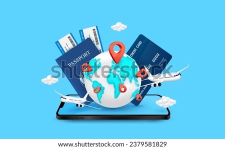 Passport air ticket and credit card with world map on smartphone. Globe and red location pin in front airplane is taking off. For media tourism ads design. Travel transport concept. 3D Vector EPS10.