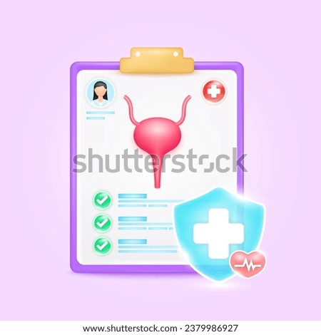 Medical document form board. Bladder check up list for health doctor. Symbol cross in shield, red heart pulse line with check mark green button. Health care concept. 3d icon cartoon vector render