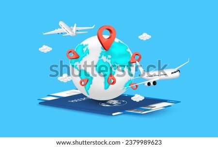 World map, Globe and red location pin on passport air ticket. Front there is airplane taking off with cloud. For media tourism ads design. Travel transport concept. 3D Vector EPS10.
