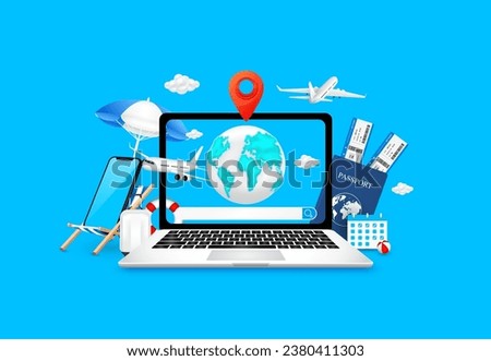 Search bar empty and World map, red location pin in laptop computer with airplane taking off. Deck chair umbrella luggage, ticket passports. Search to travel destination, booking flight online. Vector