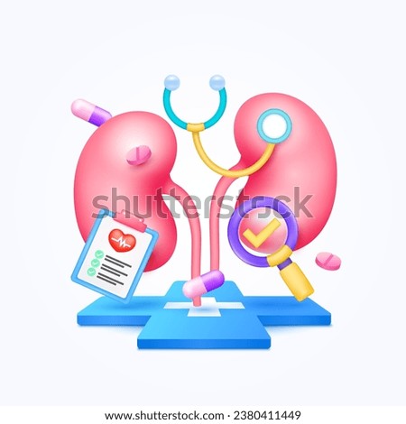 Kidney health care with doctor. Document form board and stethoscope, pills with check mark in magnifying glass looking diagnosis floating on cross medical symbols. 3d cartoon icon organ vector.